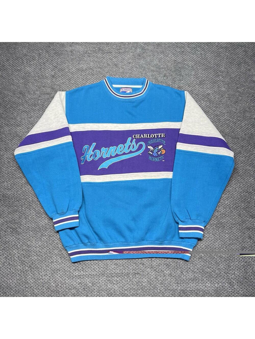 Vintage 90s Charlotte Hornets Sweatshirt Large Logo 7 MENS RARE COLOR BLOCK TEAL